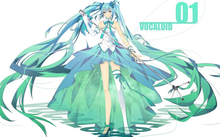 Hatsune Miku from Vocaloid holding a microphone