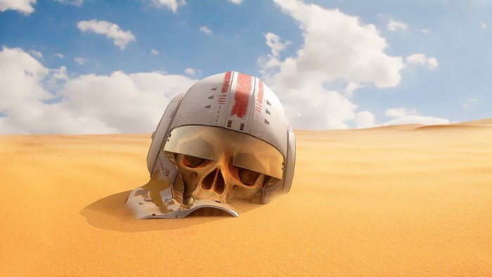Skull in a pilot helmet in a desert