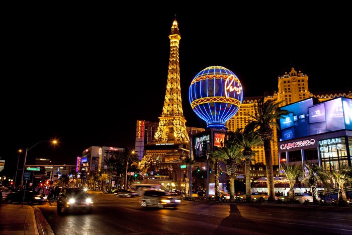 Las Vegas Strip at Night with Eiffel Tower Replica