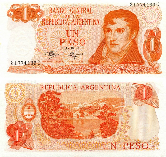 1 Peso Banknote of Argentina featuring Manuel Belgrano
