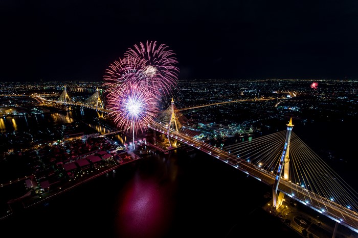Fireworks over Bhumibol Bridge in Bangkok, Thailand