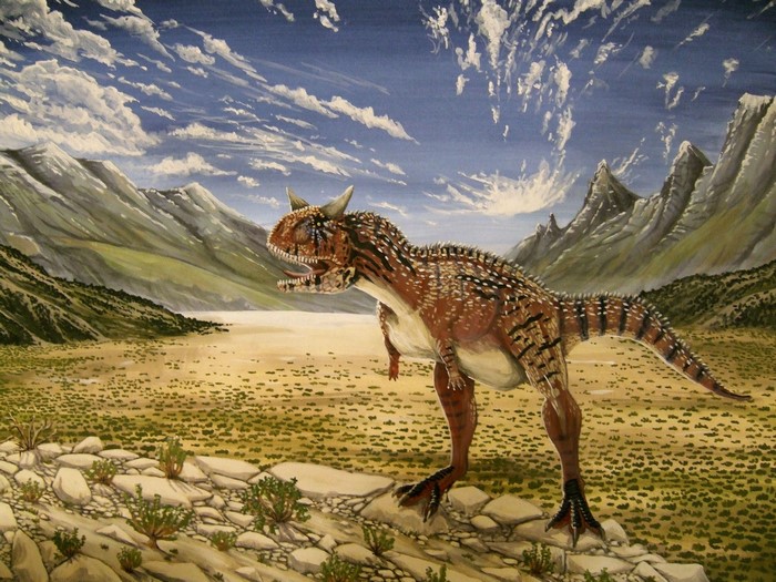 Carnotaurus dinosaur in a prehistoric landscape by Alexander Lovegrove
