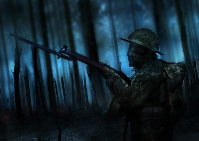 Soldier with rifle in a dark forest