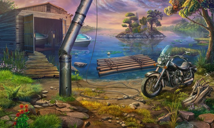 Motorcycle parked by a lake with a boathouse and raft