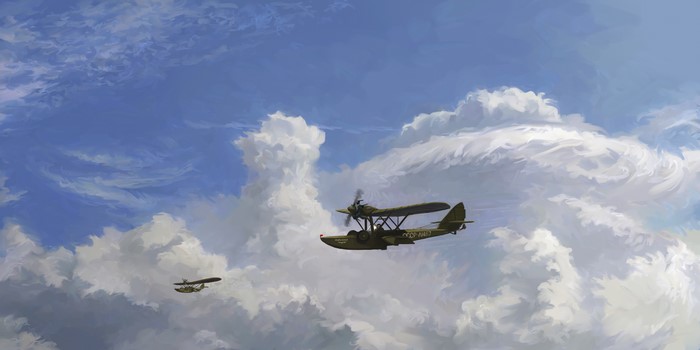 Sh-2 floatplane flying through clouds