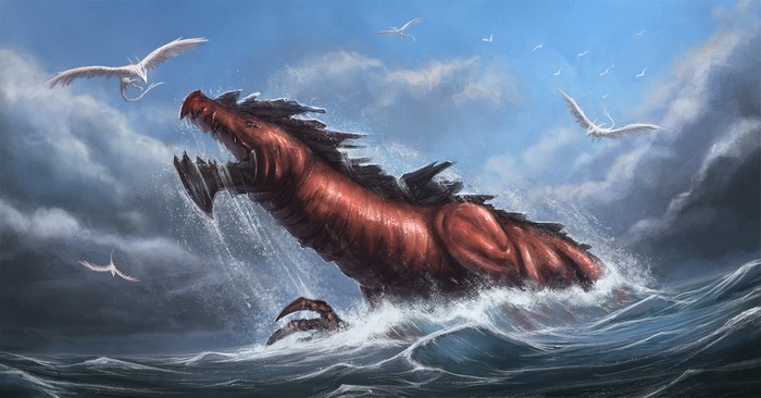 A red sea monster emerges from stormy waters with birds flying overhead