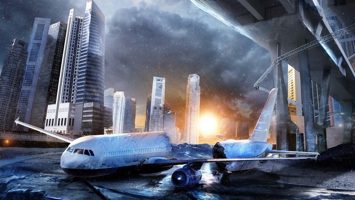 Destroyed airplane in a futuristic city