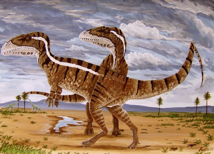 Two Megalosaurus bucklandi dinosaurs in a prehistoric landscape