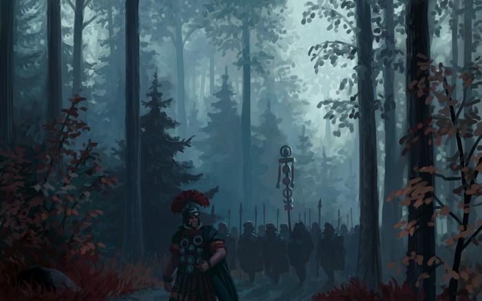 Roman soldiers marching through a misty forest