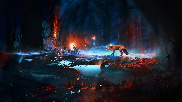 Fox walking through a magical forest