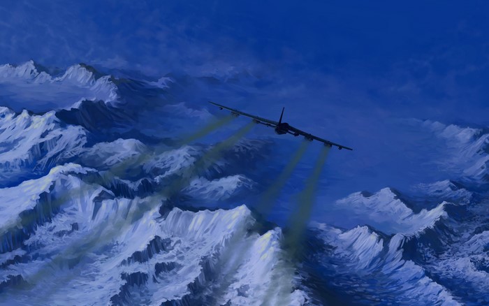 USAF B-52 Bomber Flying Over Snowy Mountains