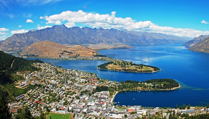 Queenstown, New Zealand from above with mountains and lake