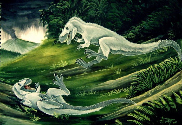 Two Dryptosaurus dinosaurs in a prehistoric landscape