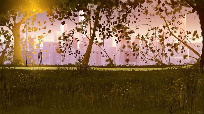 Couple in a park with city skyline at sunset