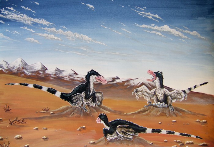 Nesting Velociraptors in a Prehistoric Landscape by Alexander Lovegrove