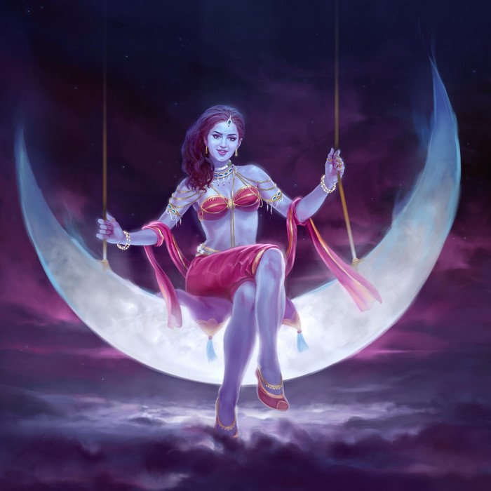 Woman sitting on a crescent moon