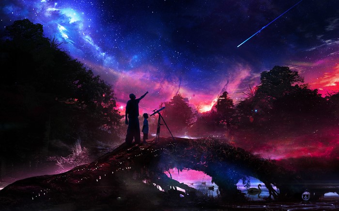 Two people stargazing with a telescope under a colorful night sky