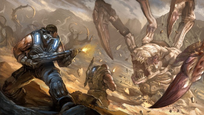 Marcus Fenix and allies fight a large monster in Gears of War