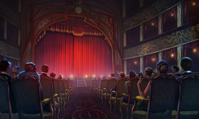 Audience in a vintage theatre watching a red stage curtain