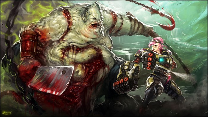 Vi from League of Legends fighting Pudge from Dota 2