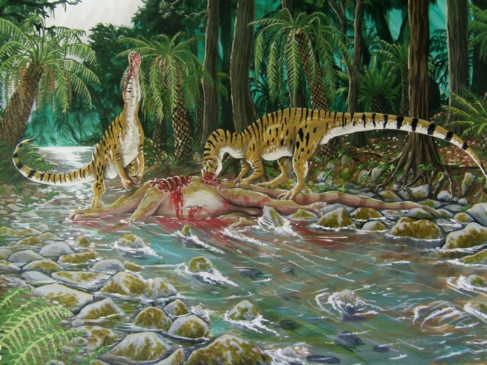Baryonyx dinosaurs feeding on a carcass in a prehistoric forest