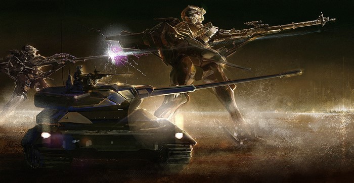 Robots and tank firing weapons on a battlefield