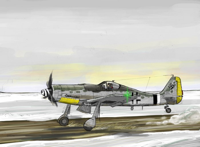 Focke-Wulf Fw 190 D-9 fighter airplane on a snowy runway