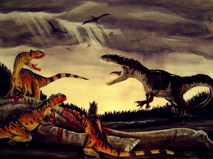 Torvosaurus and Allosaurus dinosaurs feeding on a carcass
