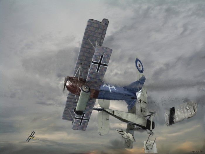 Painting of a mid-air plane crash