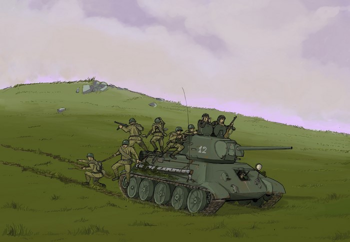 Soldiers riding on a T-34 tank in a grassy field