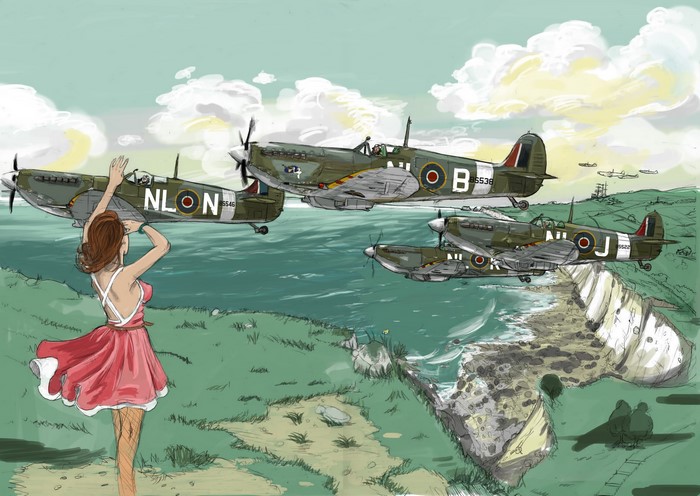 Woman waves at Spitfire planes flying over the sea