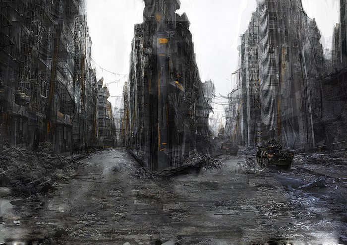 Destroyed city street with APC