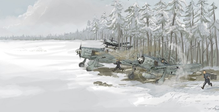 WWII airplanes in a snowy forest