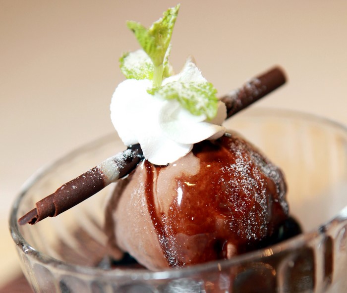 Chocolate ice cream sundae with whipped cream and mint