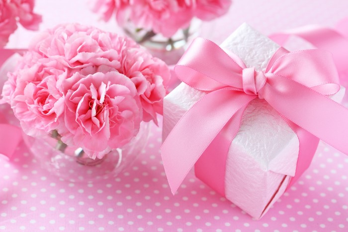 Pink Carnations and Gift Box with Pink Bow