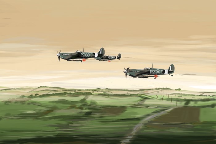 Three Spitfire airplanes flying over a green landscape