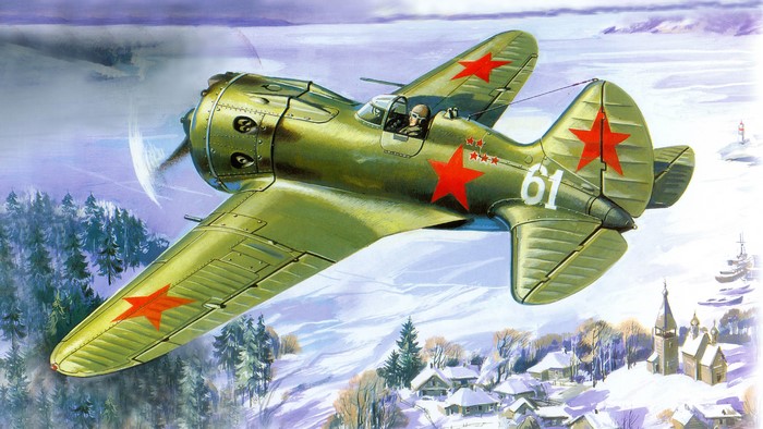 Polikarpov I-16 Fighter Airplane in Winter Landscape