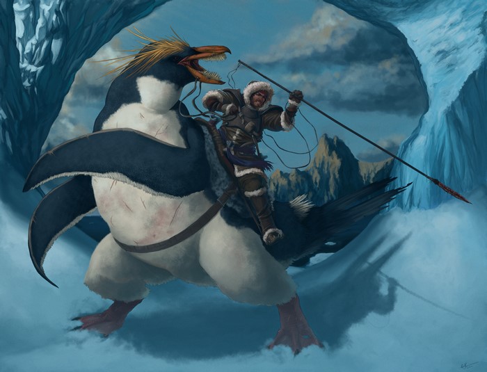 Warrior Riding a Penguin with Spear