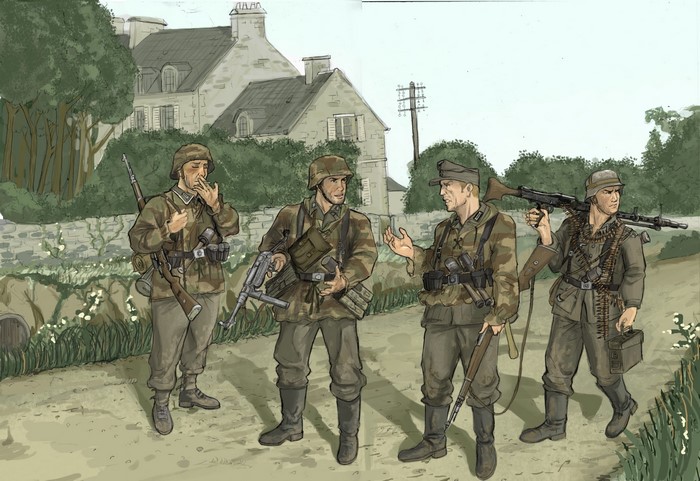 Four soldiers in camouflage uniforms with weapons