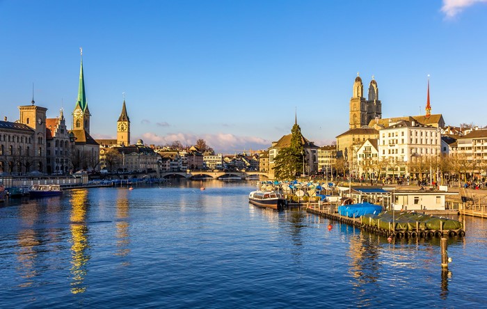 Zurich cityscape with river and churches