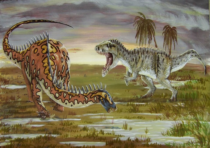 Nigersaurus and Eocarcharia Dinosaurs in Ancient Landscape