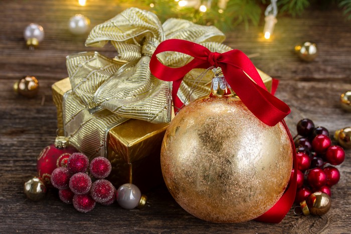 Christmas Gifts and Ornaments on Wooden Table