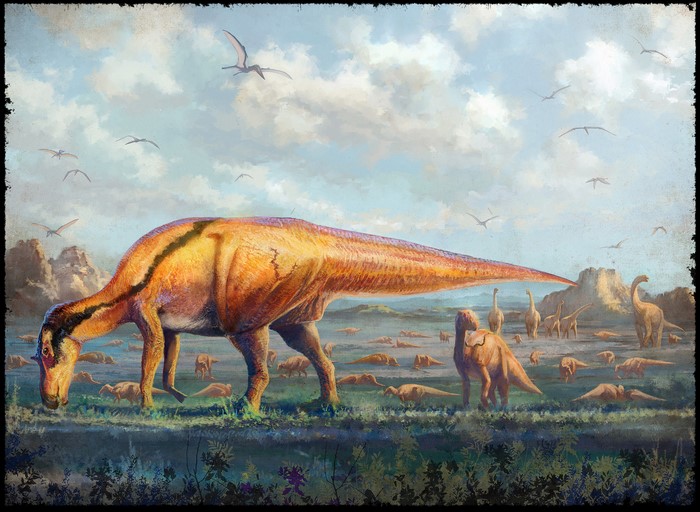 Maiasaura dinosaurs and pterosaurs in a prehistoric landscape