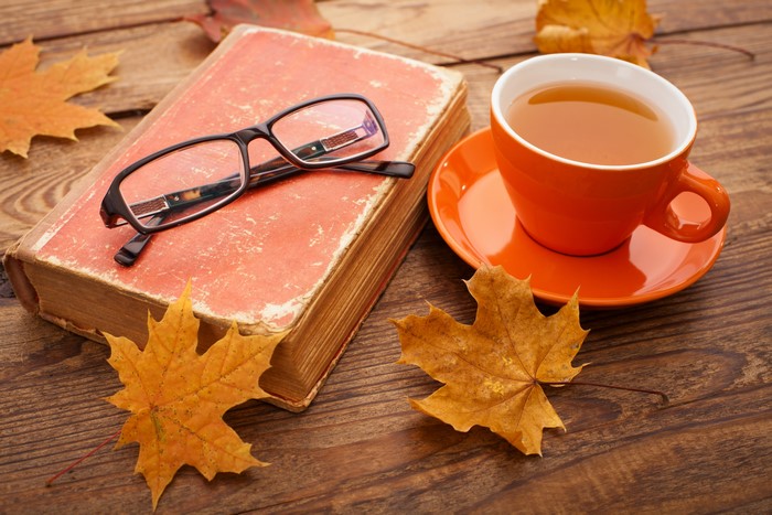Book, Glasses, Tea, and Autumn Leaves