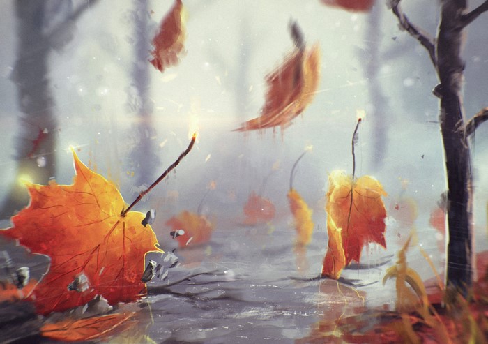 Painting of autumn leaves with sparks