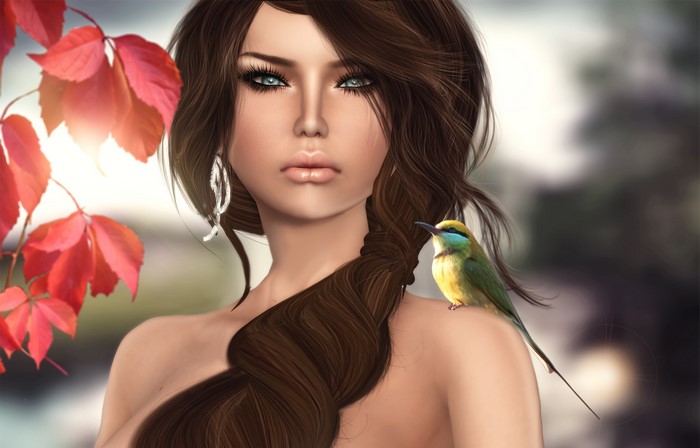 Woman with brown hair and a bird on her shoulder