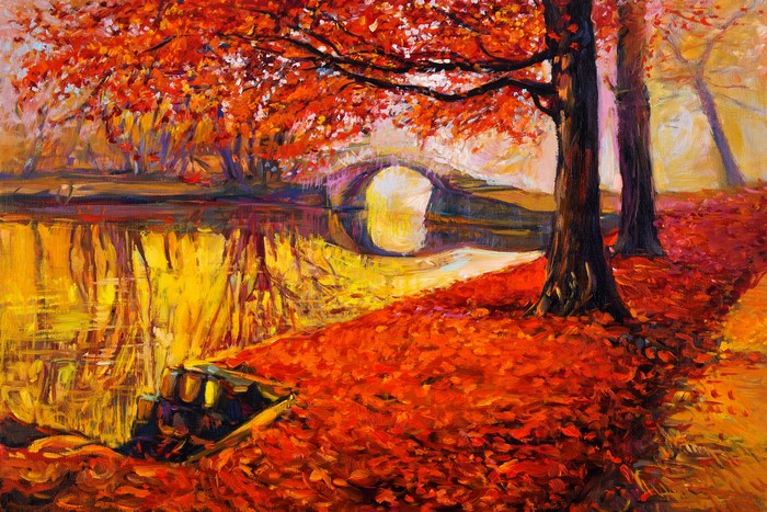 Autumn park with bridge and river