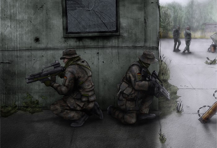 Soldiers in camouflage crouch with rifles near a building