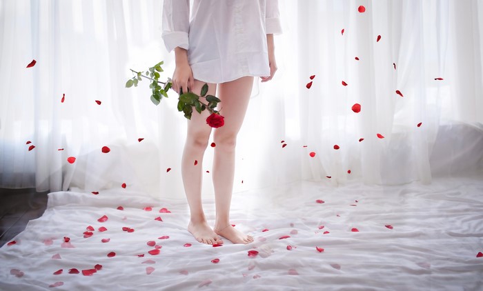 Woman Holding Red Rose with Petals Falling