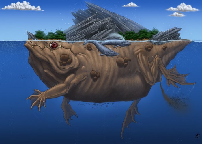 Giant frog island with whales and birds